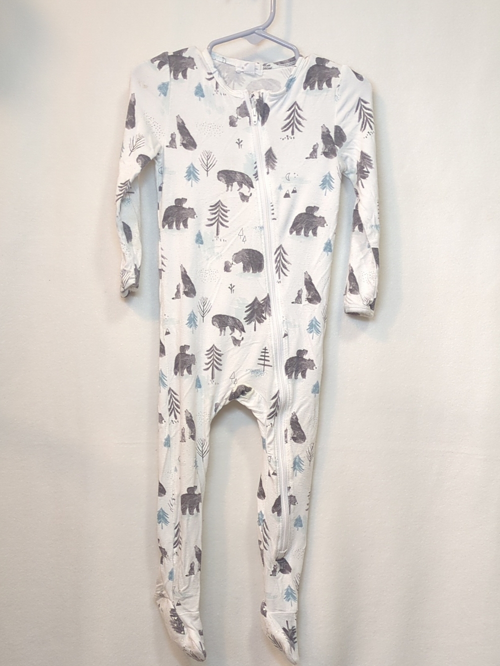 Angel Dear White Footed One-Piece with Gray Bear & Light Blue Tree Print